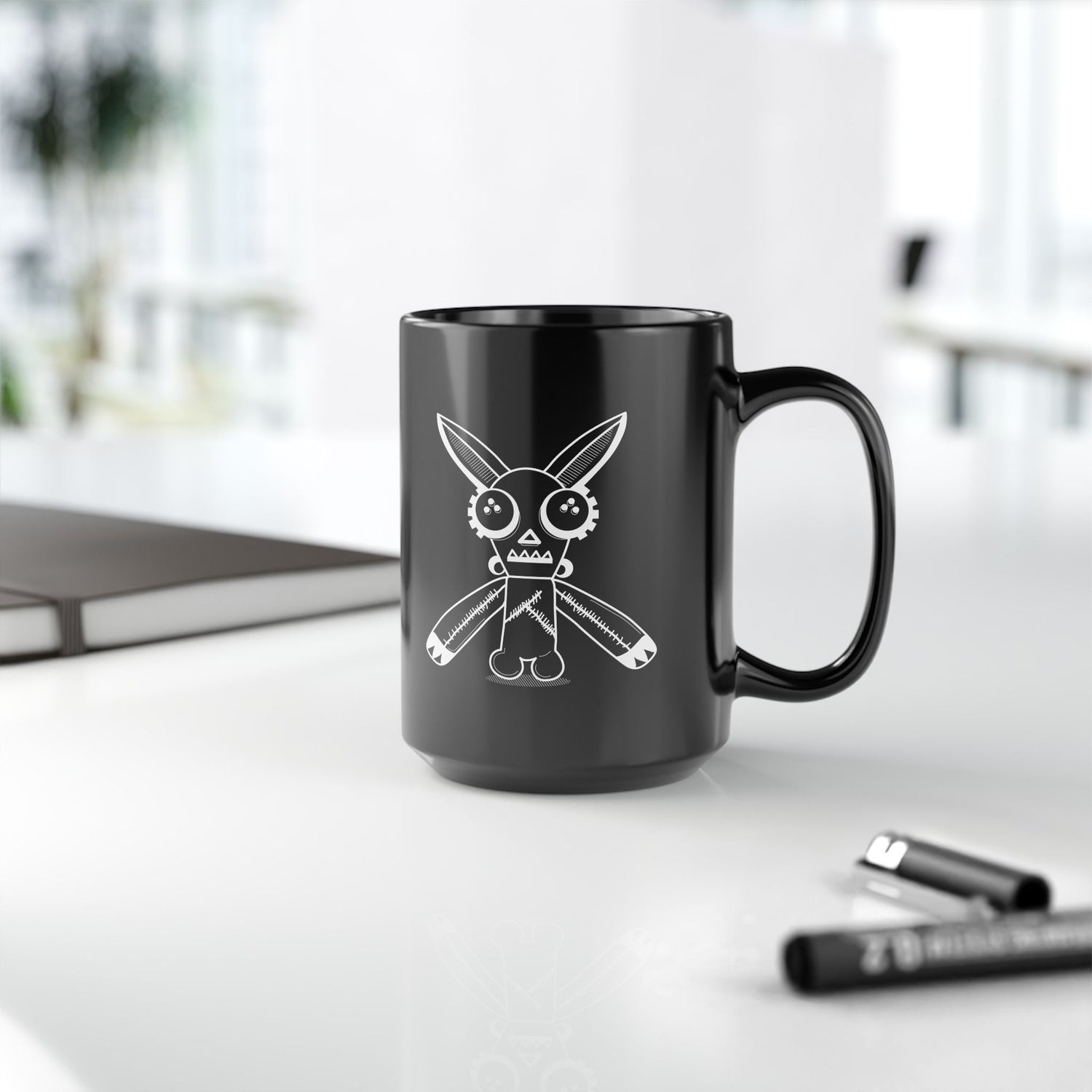 Undead Robot Bunny Black Mug, 15oz